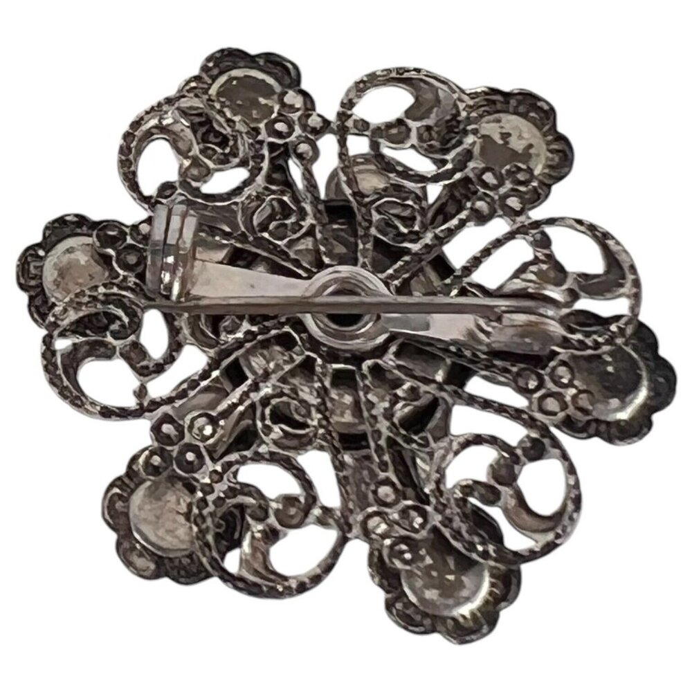 Vintage 1950s Silver Filigree Design Simulated Faux Turquoise Cabochon Brooch - Picture 4 of 6